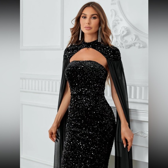 Glitter Sequin Tube Mermaid Dress & Cloak Sleeve Mesh Cape - Picture 5 of 11